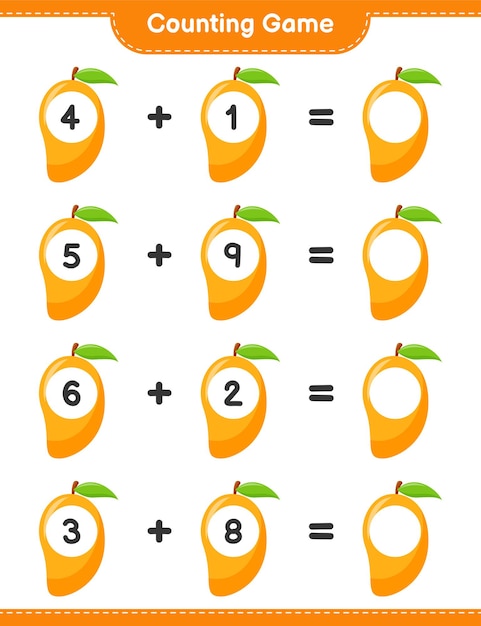 Conteggio del gioco, conta il numero di mango e scrivi il risultato. gioco educativo per bambini, foglio di lavoro stampabile