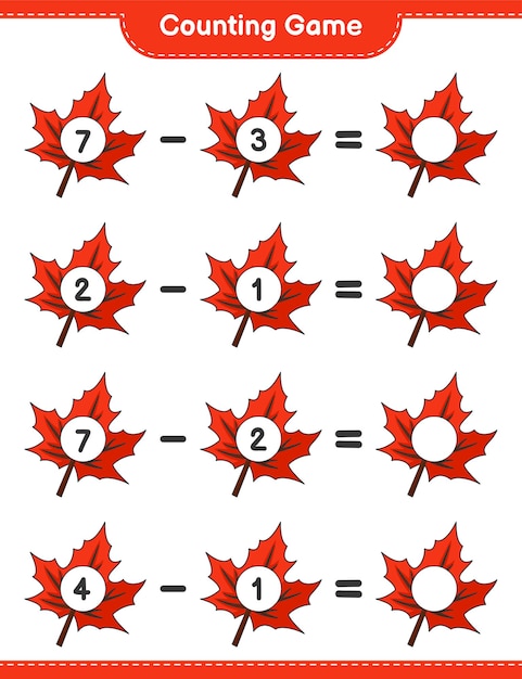 Conteggio del gioco, contare il numero di maple leaf e scrivere il risultato. gioco educativo per bambini, foglio di lavoro stampabile