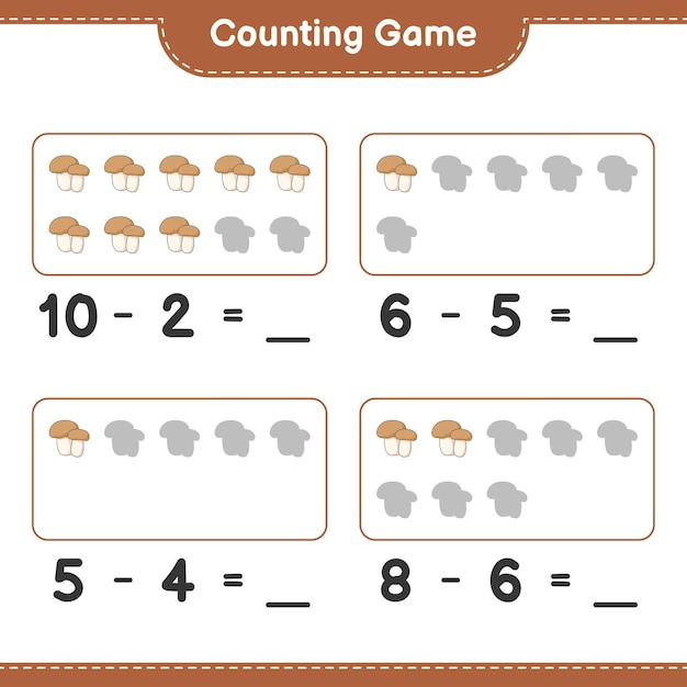 Counting game, count the number of Mushroom Boletus and write the result. Educational children game, printable worksheet 