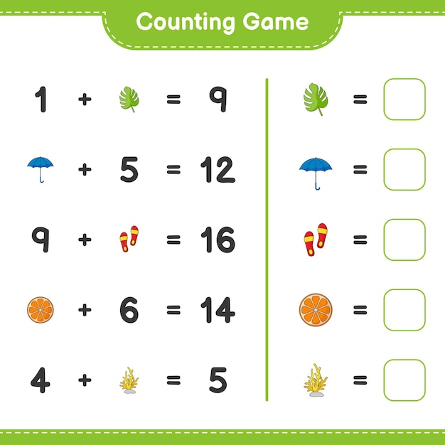 Conteggio del gioco, conta il numero di orange, coral, monstera, umbrella, flip flop e scrivi il risultato. gioco educativo per bambini, foglio di lavoro stampabile, illustrazione vettoriale