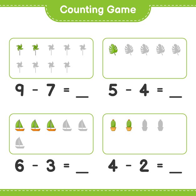 Counting game count the number of Pinwheels Cactus Monstera Sailboat and write the result
