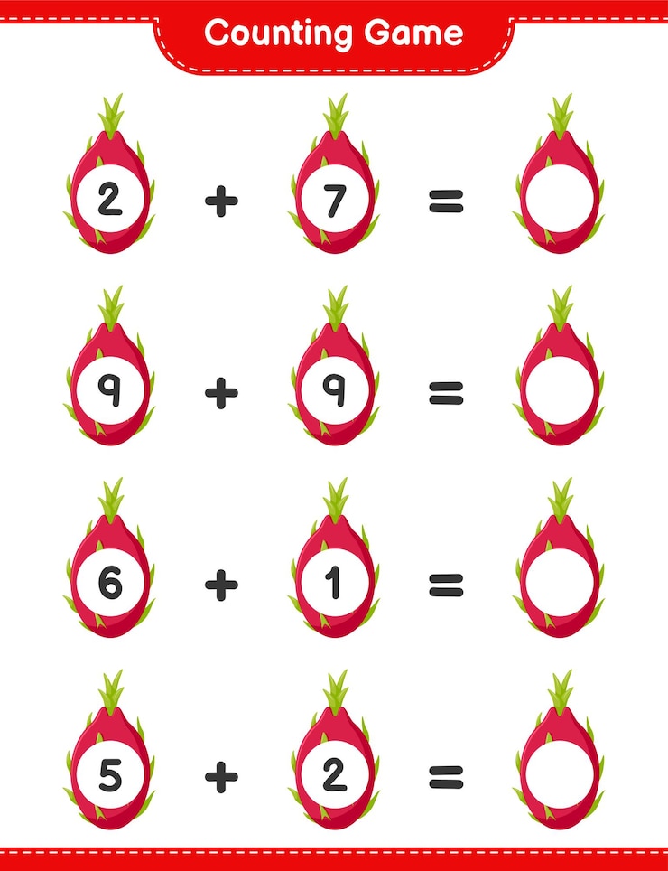 Vector counting game, count the number of pitaya and write the result. educational children game, printable worksheet 