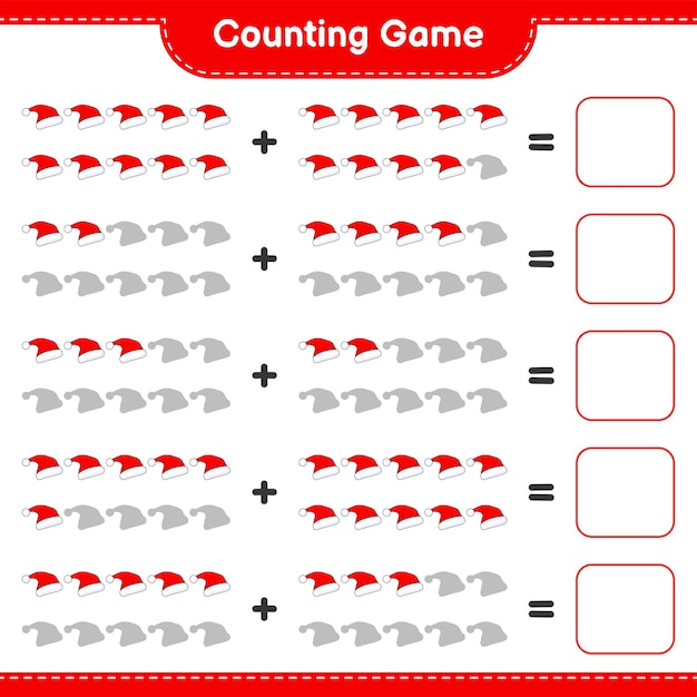 Counting game, count the number of Santa Hat and write the result. Educational children game, printable worksheet, vector illustration