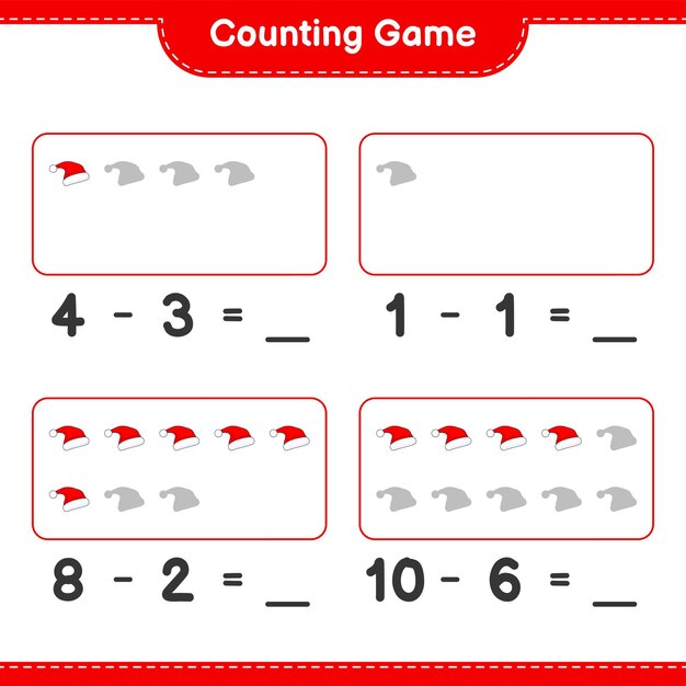 Counting game, count the number of Santa Hat and write the result. Educational children game, printable worksheet, vector illustration