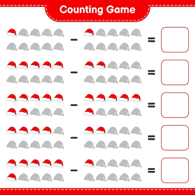 Counting game, count the number of Santa Hat and write the result. Educational children game, printable worksheet, vector illustration