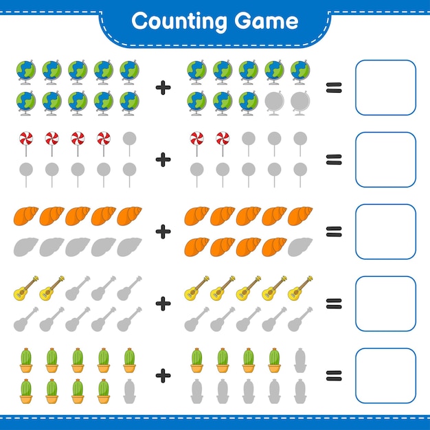 ゲームを数え、貝殻、ウクレレ、サボテン、地球儀、キャンディーの数を数え、結果を書きます。教育的な子供たちのゲーム、印刷可能なワークシート、ベクトル図