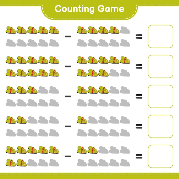 Counting game, count the number of Slippers and write the result. Educational children game, printable worksheet 