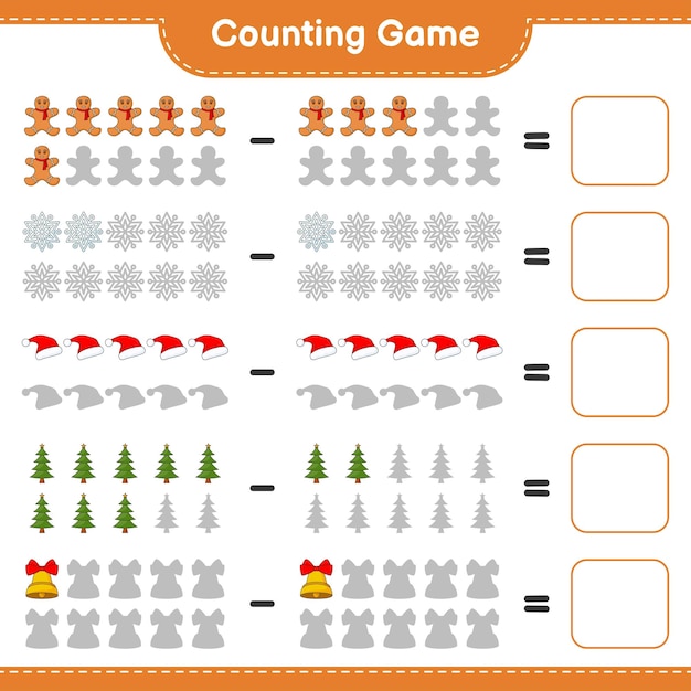 Counting game, count the number of Snowflake, Hat, Tree, Bell, Gingerbread Man and write the result. Educational children game, printable worksheet, vector illustration