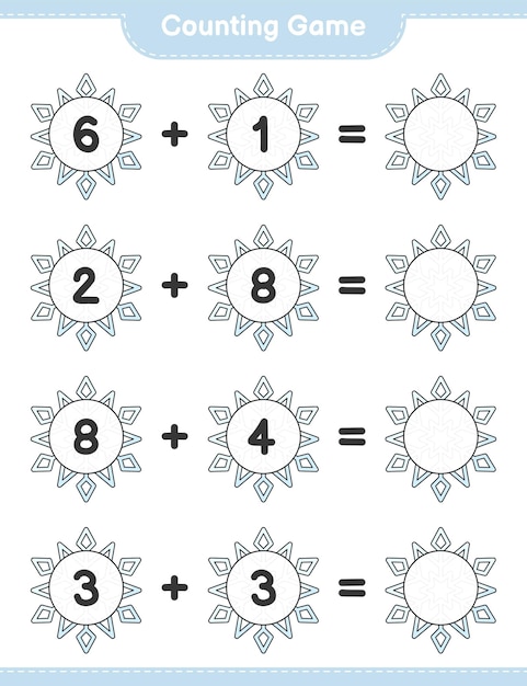 Contando il gioco, conta il numero di snowflake e scrivi il risultato. gioco educativo per bambini, foglio di lavoro stampabile, illustrazione vettoriale