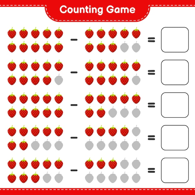 Conteggio del gioco, conta il numero di fragole e scrivi il risultato. gioco educativo per bambini, foglio di lavoro stampabile