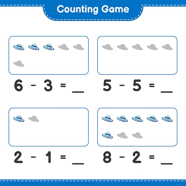 カウントゲームはサマーハットの数を数え、結果を書く教育的な子供たちのゲーム
