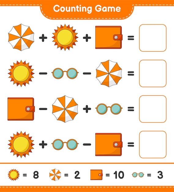 Counting game count the number of sun beach umbrella wallet sunglasses and write the result