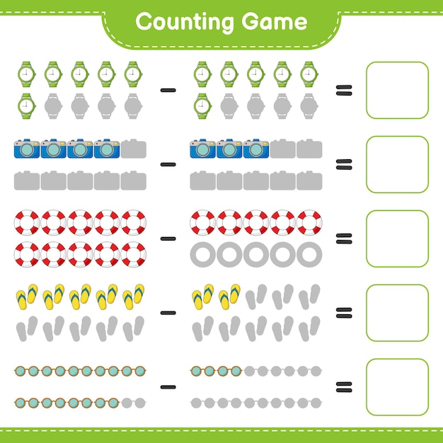 ゲームを数え、サングラス、フリップフロップ、時計、カメラ、救命浮輪の数を数え、結果を書きます。教育的な子供たちのゲーム、印刷可能なワークシート、ベクトル図