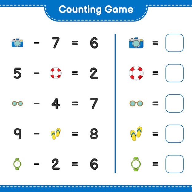 Counting game, count the number of Sunglasses, Flip Flop, Watches, Camera, Lifebuoy and write the result. Educational children game, printable worksheet, vector illustration