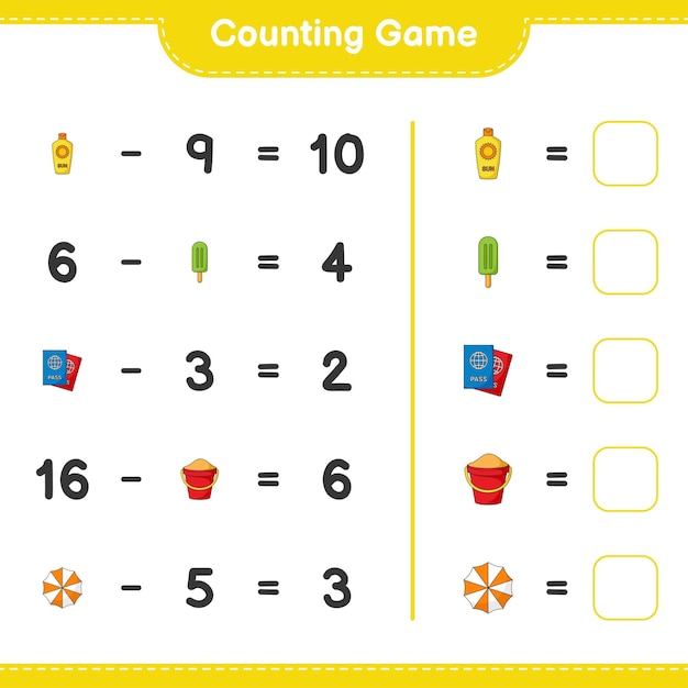 Counting game, count the number of Sunscreen, Ice Cream, Passport, Sand Bucket,  Beach Umbrella and write the result. Educational children game, printable worksheet, vector illustration