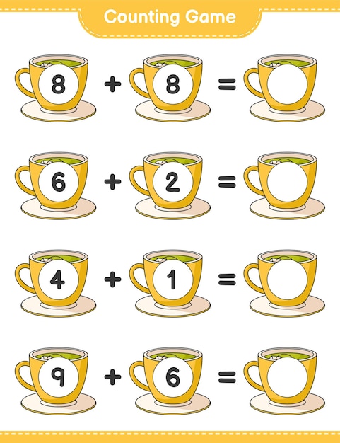 Counting game, count the number of Tea Cup and write the result. Educational children game, printable worksheet 