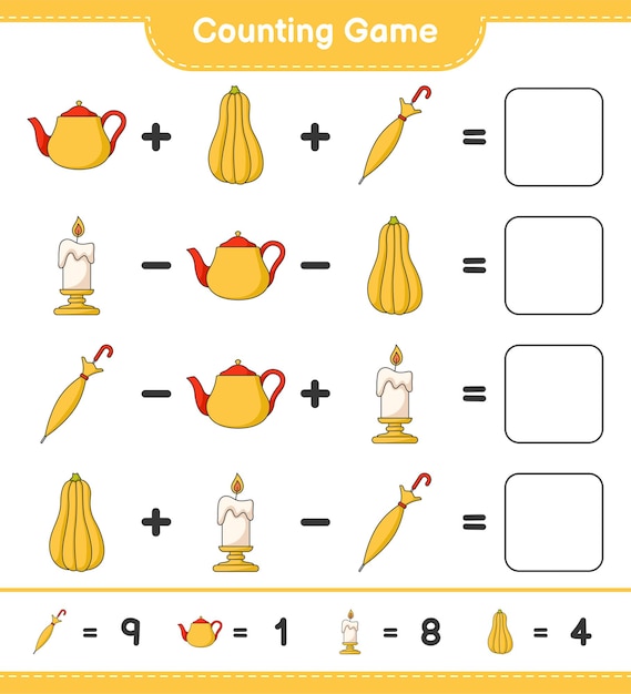 Conteggio del gioco, conta il numero di teiera, candela, zucca butternut, ombrello e scrivi il risultato. gioco educativo per bambini, foglio di lavoro stampabile