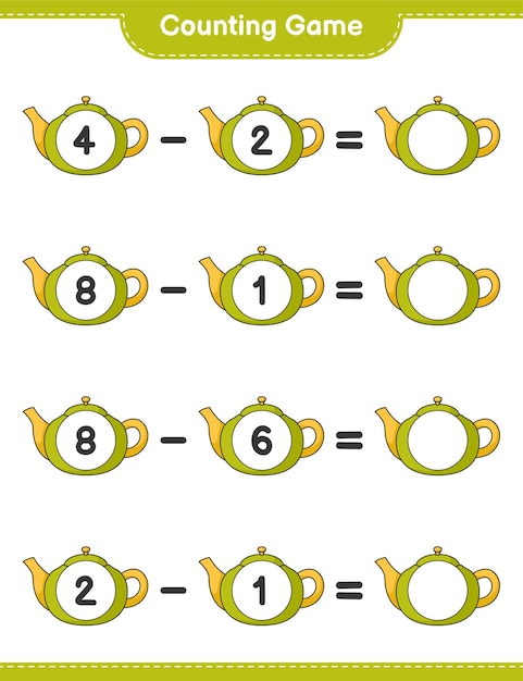 Counting game, count the number of Tea Pot and write the result. Educational children game, printable worksheet 