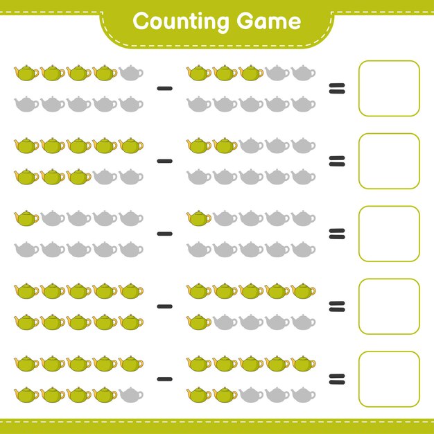 Counting game, count the number of Tea Pot and write the result. Educational children game, printable worksheet 