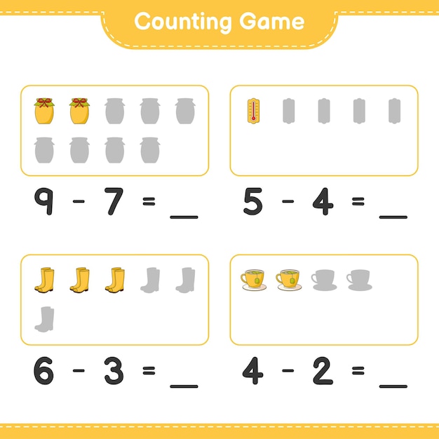 Counting game, count the number of thermometer, rubber boots, tea cup, jam and write the result. educational children game, printable worksheet