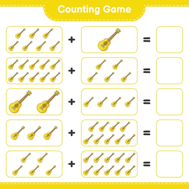 Vector counting game count the number of ukulele and write the result educational children game