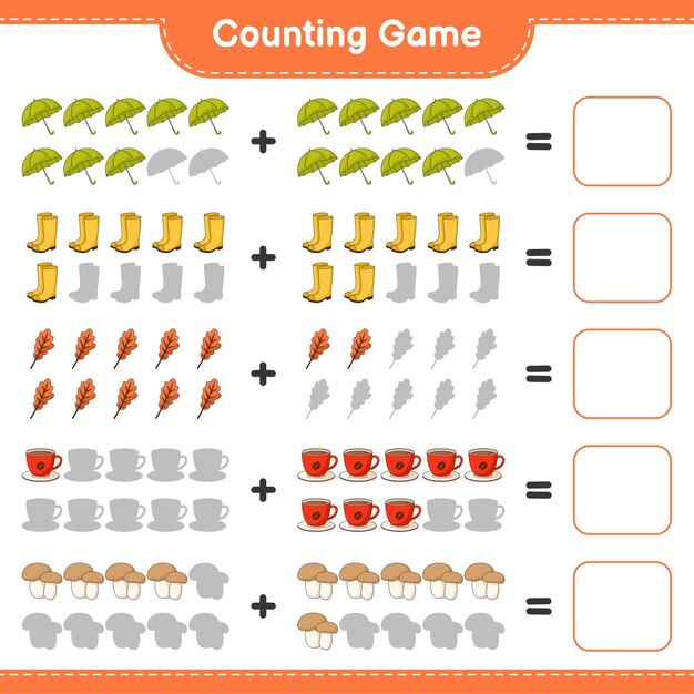 Counting game, count the number of Umbrella, Rubber Boots, Oak Leaf, Coffee Cup, Mushroom Boletus and write the result. Educational children game, printable worksheet 