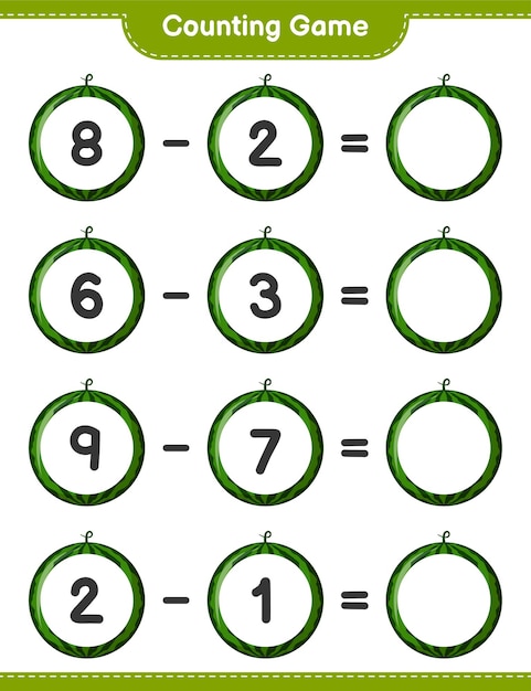 Counting game, count the number of Watermelon and write the result. Educational children game, printable worksheet.