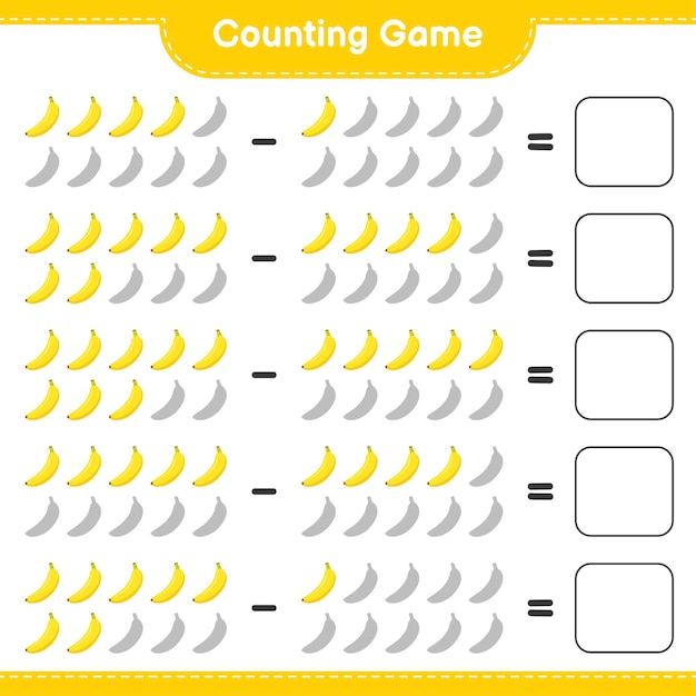 게임을 세고 바나나의 수를 세고 결과를 씁니다. 교육용 어린이 게임, 인쇄 가능한 워크 시트