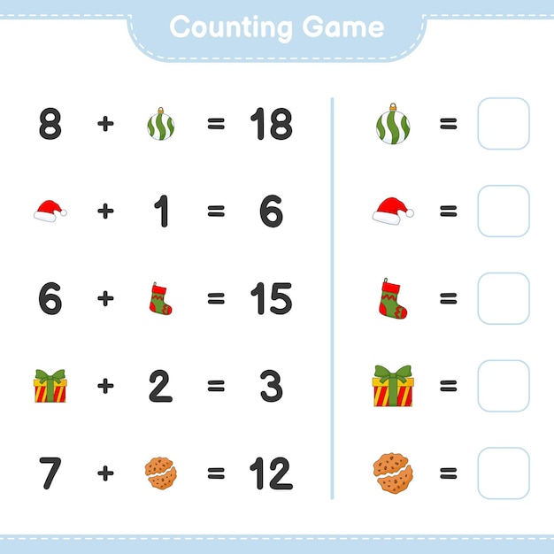 Считая игру, посчитайте количество елочных шаров, шапок, носков, подарочных коробок, печенья и запишите результат. образовательная детская игра, лист для печати, векторная иллюстрация