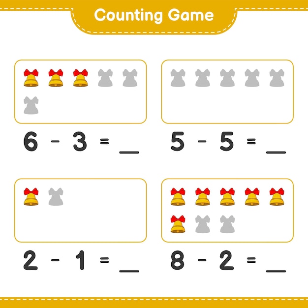 카운팅 게임, 크리스마스 벨의 수를 세고 결과를 쓰세요. 교육 어린이 게임, 인쇄용 워크시트, 벡터 일러스트 레이 션