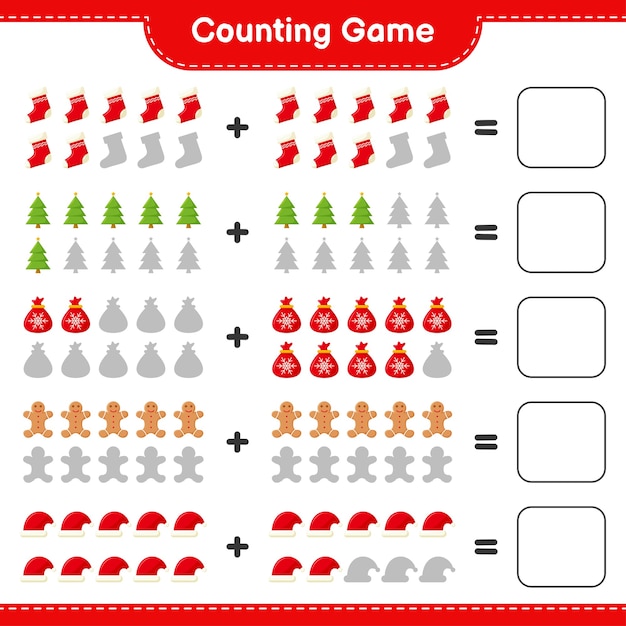 ゲームを数え、クリスマスの飾りの数を数え、結果を書きます。教育的な子供向けゲーム