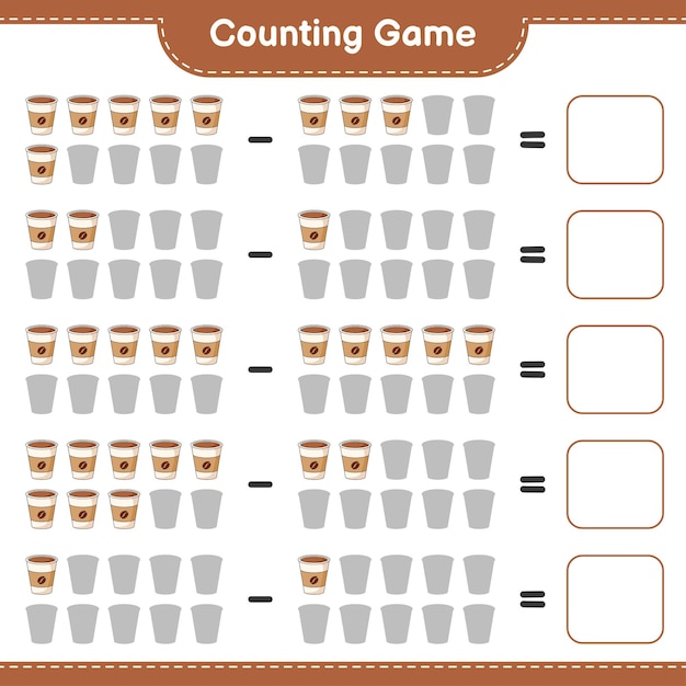 게임을 세고 커피 컵의 수를 세고 결과를 씁니다. 교육용 어린이 게임, 인쇄 가능한 워크 시트