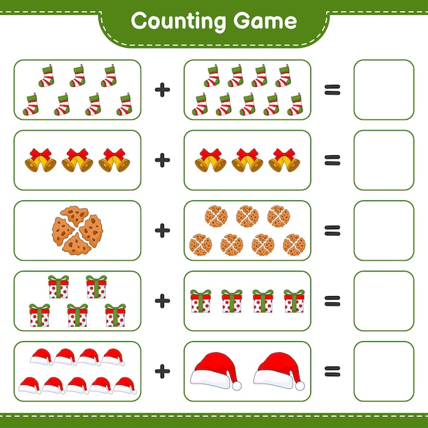 카운팅 게임, 쿠키, 크리스마스 벨, 양말, 선물 상자, 모자의 수를 세고 결과를 씁니다. 교육 어린이 게임, 인쇄용 워크시트, 벡터 일러스트 레이 션