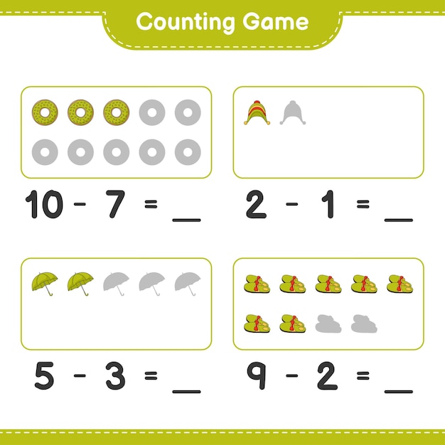 ゲームを数え、ドーナツ、スリッパ、傘、帽子の数を数え、結果を書きます。教育的な子供向けゲーム、印刷可能なワークシート