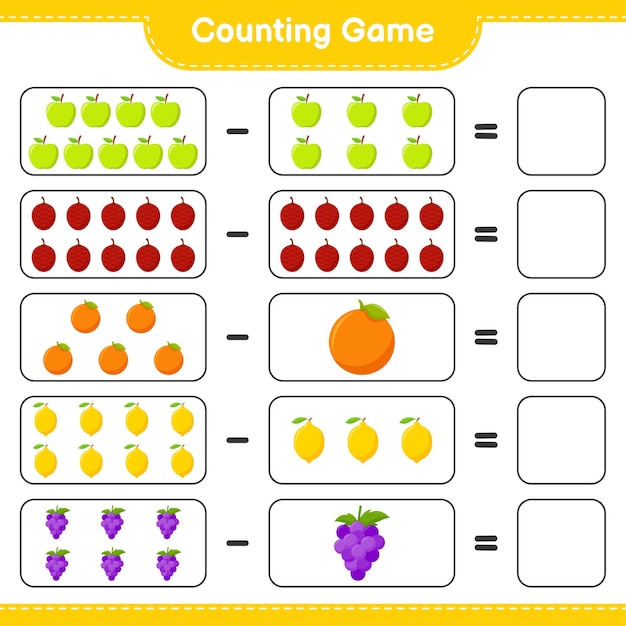 ゲームを数え、果物の数を数え、結果を書きます。教育的な子供向けゲーム、印刷可能なワークシート、イラスト