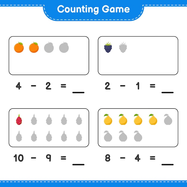 ゲームを数え、果物の数を数え、結果を書きます。教育的な子供向けゲーム、印刷可能なワークシート