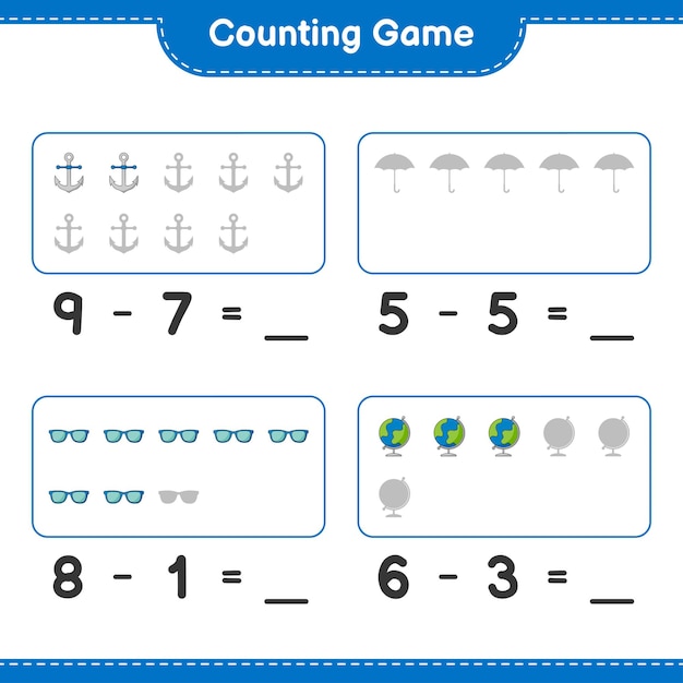 카운팅 게임은 글로브 선글라스 우산 닻의 수를 세고 결과를 씁니다.