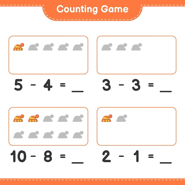 게임을 세고 모자의 수를 세고 결과를 씁니다. 교육용 어린이 게임, 인쇄 가능한 워크 시트