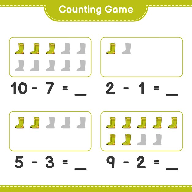 게임을 세고 고무 장화의 수를 세고 결과를 씁니다. 교육용 어린이 게임, 인쇄 가능한 워크 시트