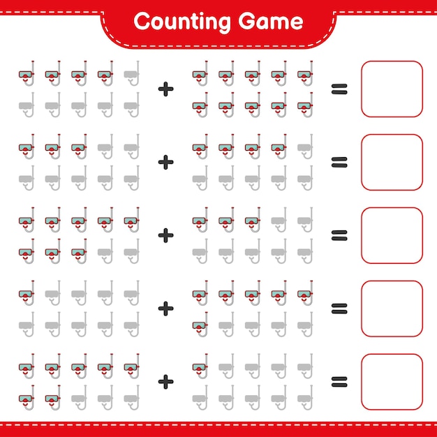 カウントゲームはスキューバダイビングマスクの数を数え、結果を書きます教育的な子供たちのゲーム