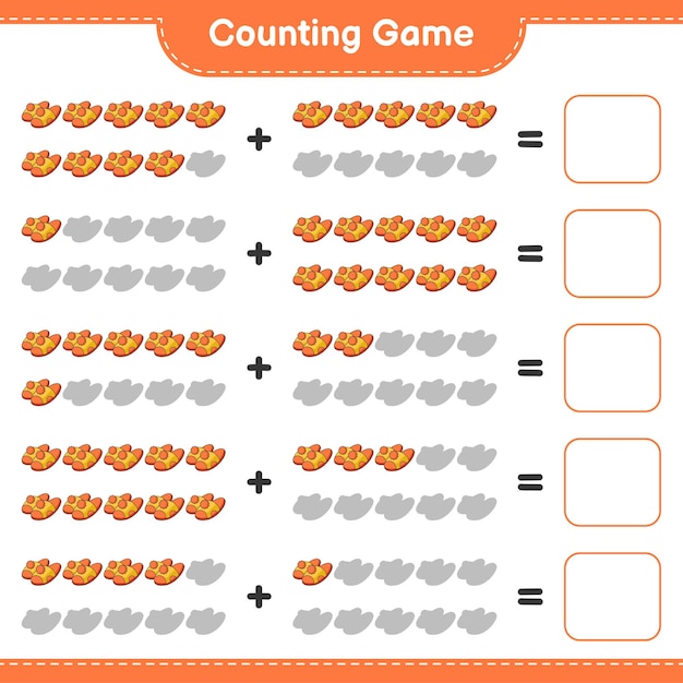 カウントゲーム、スリッパの数を数え、結果を書き込みます。教育用子供向けゲーム、印刷可能なワークシート