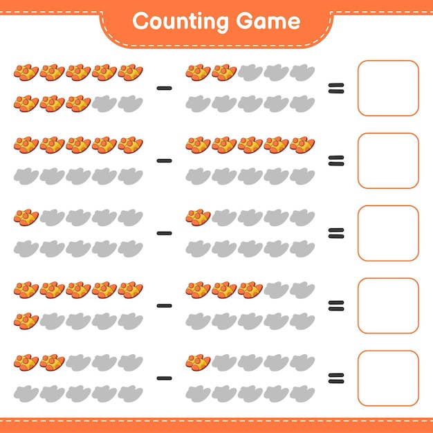 ゲームを数え、スリッパの数を数え、結果を書きます。教育的な子供向けゲーム、印刷可能なワークシート