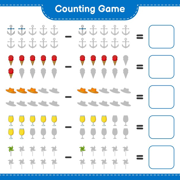 카운팅 게임, 여름 모자, 칵테일, 바람개비, 닻, 아이스크림의 수를 세고 결과를 씁니다. 교육 어린이 게임, 인쇄용 워크시트, 벡터 일러스트 레이 션