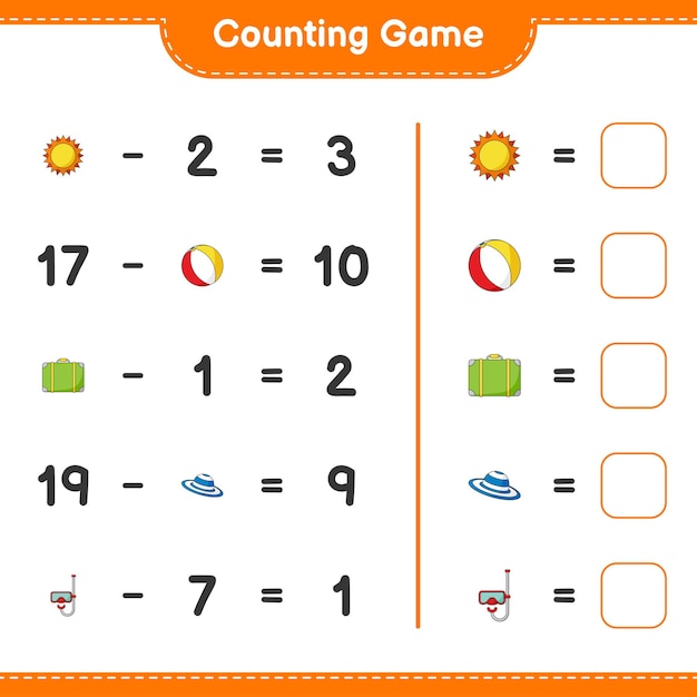 ゲームを数え、太陽、ビーチボール、荷物、夏の帽子、スキューバダイビングマスクの数を数え、結果を書きます。教育的な子供たちのゲーム、印刷可能なワークシート、ベクトル図
