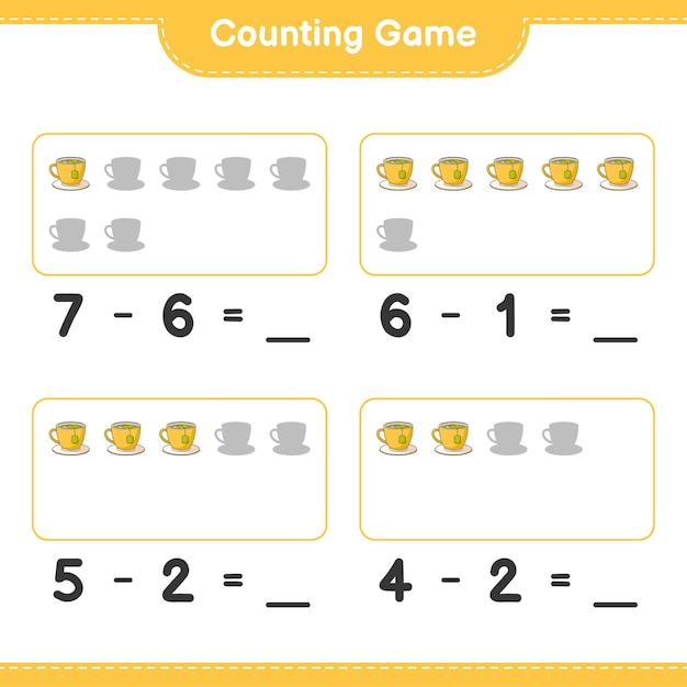 カウントゲーム、ティーカップの数を数え、結果を書き込みます。教育用子供向けゲーム、印刷可能なワークシート