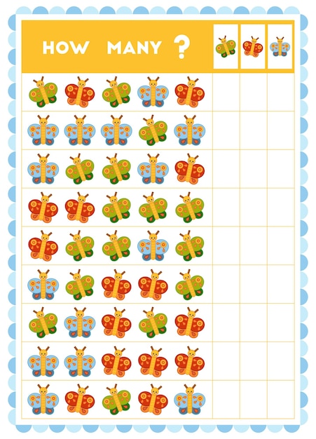 Counting game educational game for children Count how many Butterflies in each row