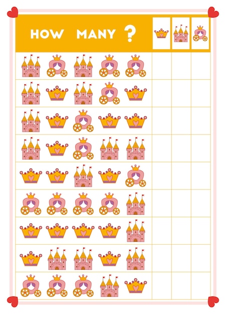 Counting game educational game for children Count how many objects in each row and write the result