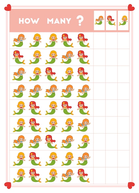 어린이를 위한 카운팅 게임 교육 게임 각 행에 몇 명의 인어가 있는지 세어보세요.