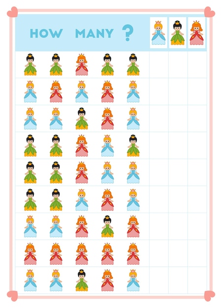 아이들을 위한 카운팅 게임 교육 게임 각 행에 몇 명의 공주가 있는지 세어보세요.
