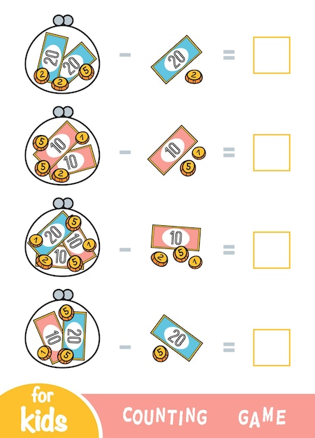 어린이를 위한 계산 게임 교육 수학 게임 빼기 워크시트 지갑에 있는 돈